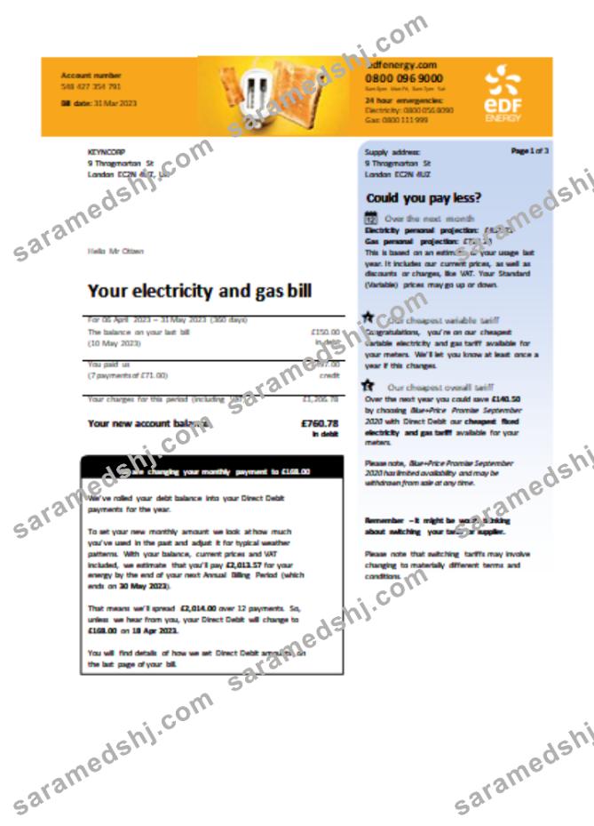 EDF (UK) utility business bill SCR page 1